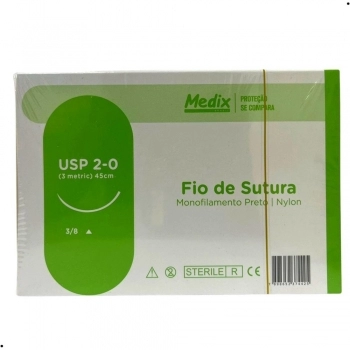 Fio De Sutura Nylon 2-0 45cm Com Agulha 30mm 3/8 Triangular C/ 24UN