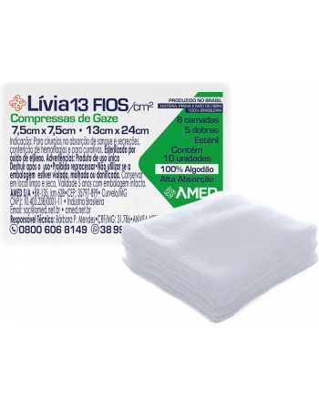 Compressa Livia 13 Fios/cm2, 7,5cmX7,5cm, 13cmX24cm C/ 10 UND.