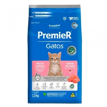 Ração PremieR Ambientes Internos para Gatos Filhotes Pelos Longos Salmão 1,5Kg