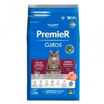 Ração PremieR Ambientes Internos para Gatos Adultos Pelos Longos Frango 1,5Kg