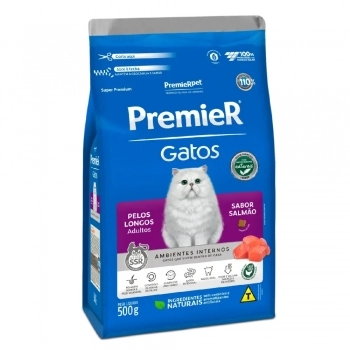 Ração PremieR Ambientes Internos para Gatos Adultos Pelos Longos Salmão 500g