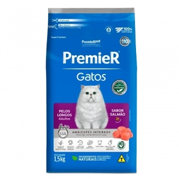 Ração PremieR Ambientes Internos para Gatos Adultos Pelos Longos Salmão 1,5Kg