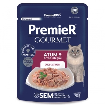 Ração Úmida Sachê PremieR Gourmet Gatos Castrados Adultos Atum e Arroz Integral 70 g