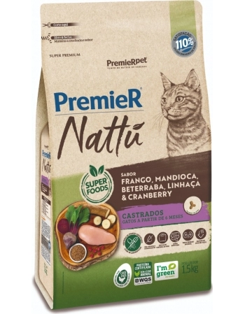 Ração PremieR Nattu para Gatos Adultos Castrados com Mandioca 1,5kg
