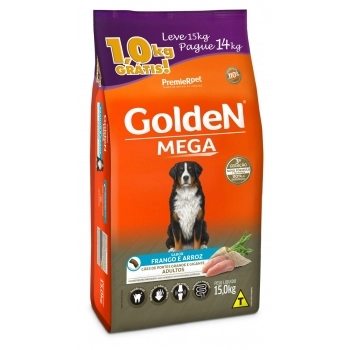 Ração Golden Mega para Cães Adultos de Raças Grandes Frango e Arroz Leve 15kg Pague 14kg